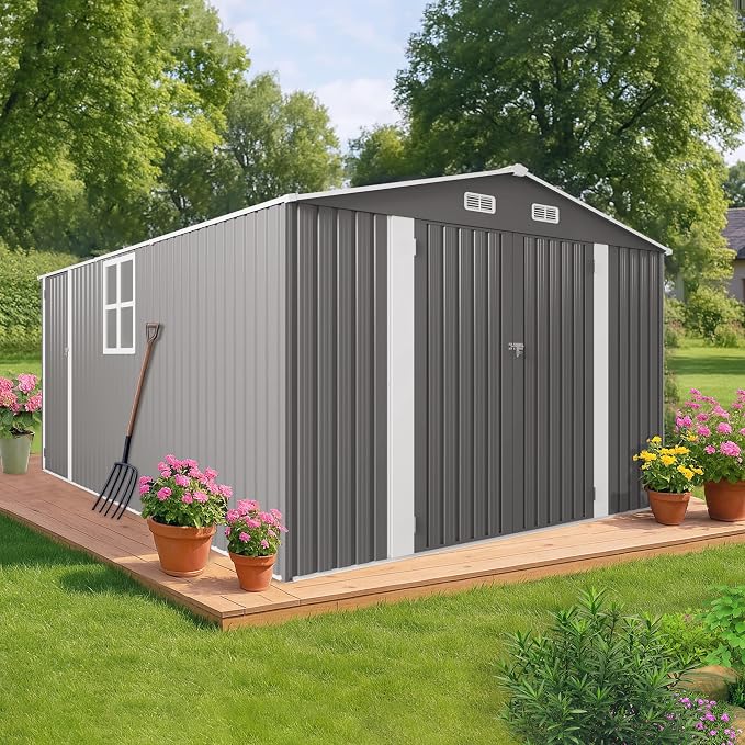 YOPTO 10x14 FT Large Outdoor Storage Shed,Durable Metal Garden Shed with Three Lockable Doors and Two Windows,Waterproof Tool Shed for Backyard Patio,All-Weather Shelter for Bike,Lawn Mowers,Grey