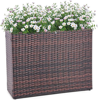 HPC Decor 32.5" Tall Planters,Plastic Planter for Outdoor Plants Handmade Wicker Large Rectangular Block Planter Box with Removable Liners, Modern Planter for Indoor Outdoor Patio Porch Deck. (Brown)