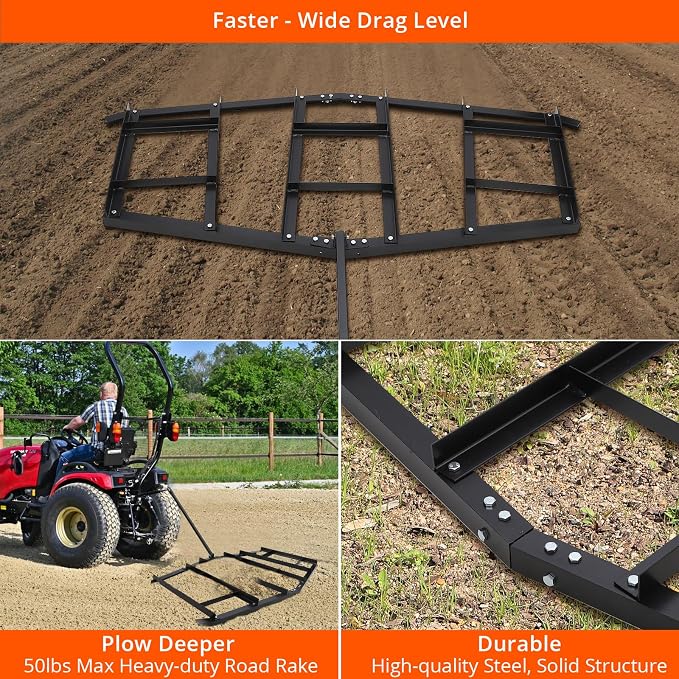 Driveway Drag 84" Width Steel Drag Harrow with Adjustable Bars, Support Up to 50 Lbs, Heavy Duty Yard Leveling Tools Pin Style Tow Behind Land Leveler for Tractors, Atvs, Utvs