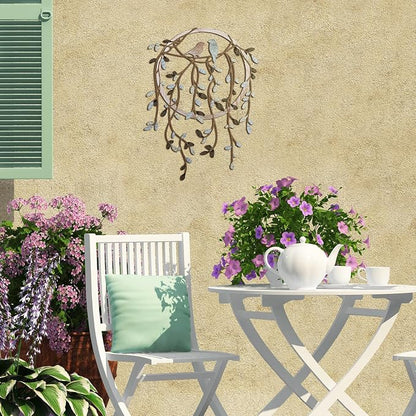 Ferraycle Metal Wall Art Bird on Tree Branch Silhouette with Drooping Vines Bird Art Decor Rustic Metal Spring Decor for Living Room Outdoor Garden Porch Wall Housewarming Party Gift(Dark Color)