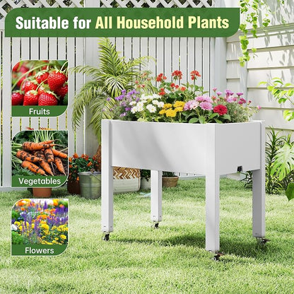 Elevated Raised Garden Bed with Wheels,Planter Box,Ashen-26.3" h | Resin Planter Box with Drainage Holes, Water Monitor, Wheels for Garden Patio Backyard