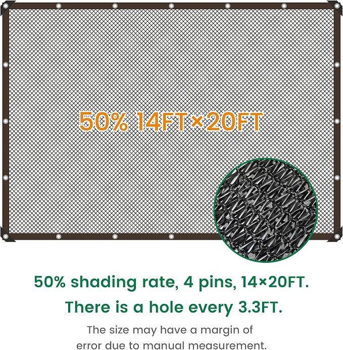 Shade Cloth, 14FT X 20FT 50% Black Outdoor Woven Sun Shade with Grommets, Durable Breathable Netting Shading Antifreezing for Patio, Garden, DIY Home, Plants Cover, Greenhouse, Dog Kennel
