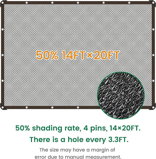 Shade Cloth, 14FT X 20FT 50% Black Outdoor Woven Sun Shade with Grommets, Durable Breathable Netting Shading Antifreezing for Patio, Garden, DIY Home, Plants Cover, Greenhouse, Dog Kennel
