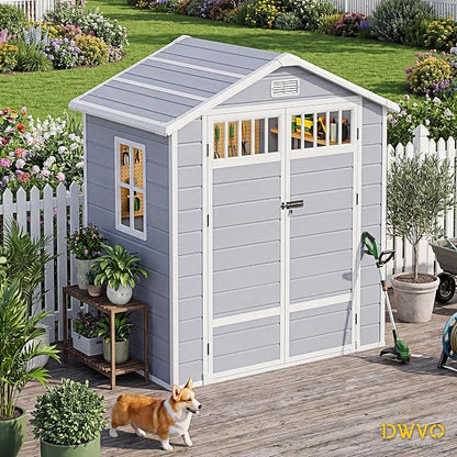 DWVO 6x4.4 FT Outdoor Storage Shed with Fence-Style and Side Windows, Lockable Door and Vents, Resin Storage Shed, Tool Shed for Garden Backyard Patio Lawn