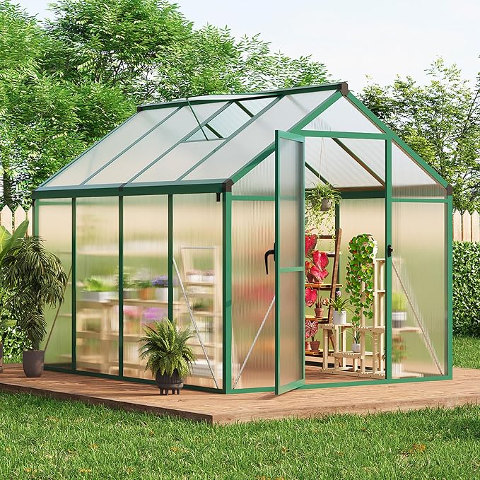 6x8 ft Walk-in Greenhouse, Polycarbonate Panels with Reinforced Aluminum Frame, Large Garden Green House for Planting and Seed Starting, Quick-Assembly Structure with Adjustable Roof Vent