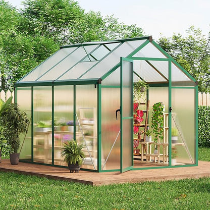 6x8 ft Walk-in Greenhouse, Polycarbonate Panels with Reinforced Aluminum Frame, Large Garden Green House for Planting and Seed Starting, Quick-Assembly Structure with Adjustable Roof Vent