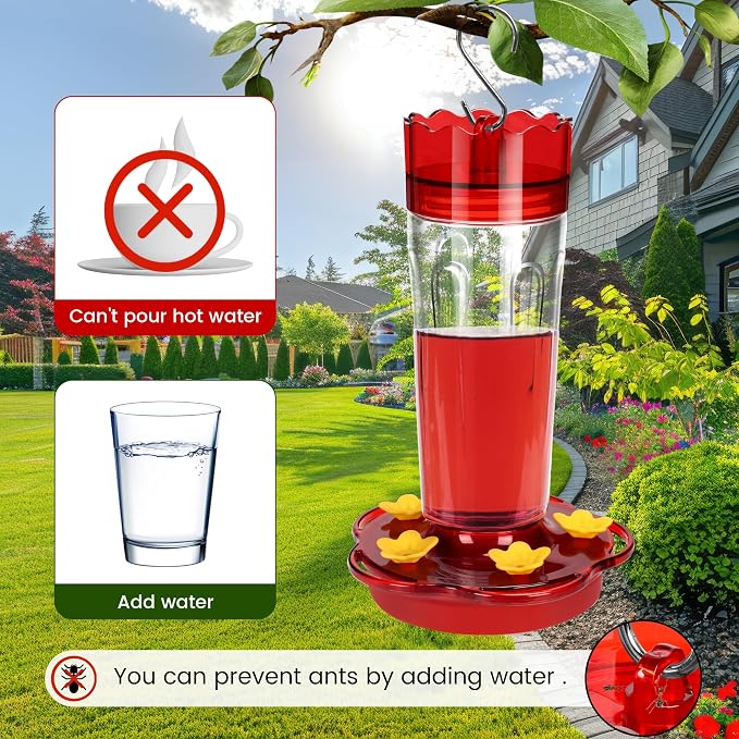 2 Pack Glass Hummingbird Feeders for Outdoors Hanging Ant and Bee Proof,15 Ounces Red Hummingbird Feeder with 5 Feeding Ports and Perches, Built-in Ant Moat, Outside Garden Décor (Glass, 2)