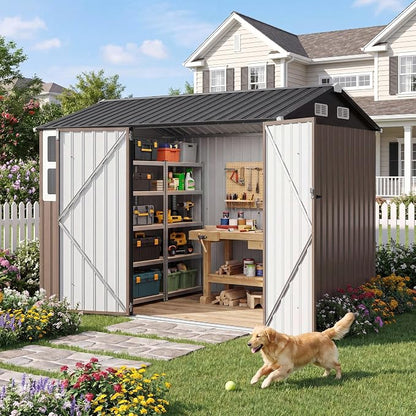 IRONCK 8.4x6.1FT Outdoor Storage Shed with Clear Window, Tool Shed, Brown | Lockable Doors, Breathable Ventilation, 8x6 FT Base, Outdoor Shed For Generators/Bikes/Wheelbarrows