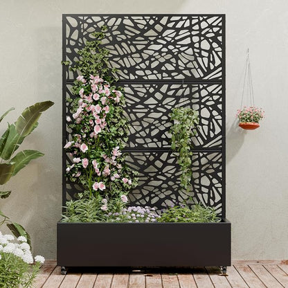Casaphoria Metal Raised Garden Bed with Trellis and Wheels, 72"x47"x16" Planter Box for Climbing Plants, Vegetables & Vines, Features Drainage Holes and Privacy Screen (Black-Net)