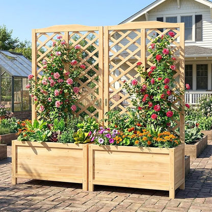 DoCred 2PCS 30" L x 16" W x 59" H Raised Garden Bed, Freestanding Elevated Planter Box with Trellis for Climbing Plants, Outdoor Wooden Privacy Screen with Garden Box for Backyard Patio Balcony Decor