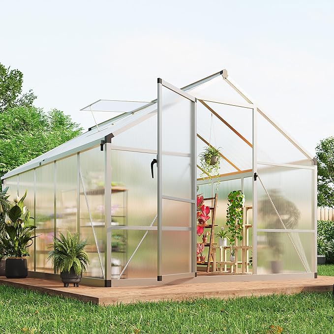8x10 ft Walk-in Greenhouse, Polycarbonate Panels with Reinforced Aluminum Frame, Large Garden Green House for Planting and Seed Starting, Quick-Assembly Structure with Adjustable Roof Vent