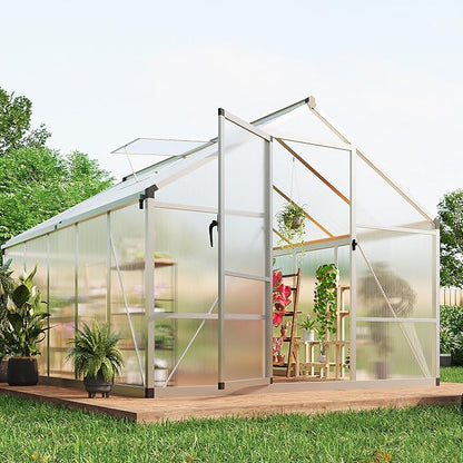 8x10 ft Walk-in Greenhouse, Polycarbonate Panels with Reinforced Aluminum Frame, Large Garden Green House for Planting and Seed Starting, Quick-Assembly Structure with Adjustable Roof Vent