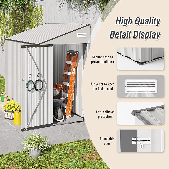 KEIKI 4' x 8' Outdoor Storage Shed with Single Hinge Door, All Weather Metal Lean to Shed with Vents, Garden Tool Shed for Bike,Toy, Garbage Can, White