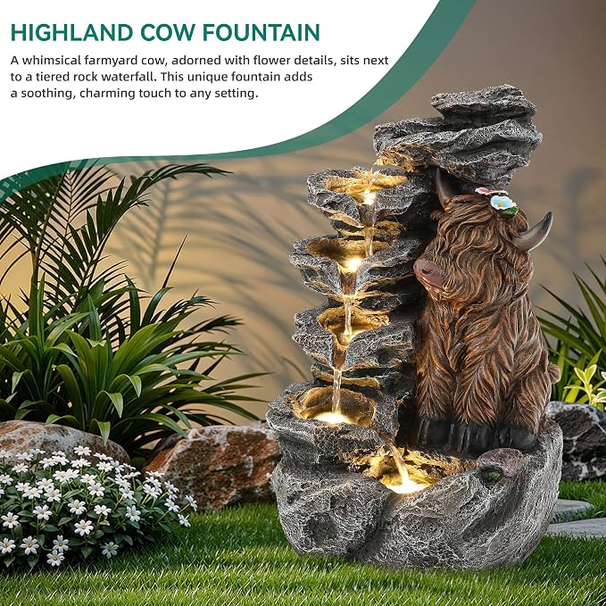 19" Highland Cow Outdoor Fountain with LED Lights | 5-Tier Charming Water Feature , Pastoral Resin Soothing Cascading Waterfall for Patio, Backyard, Garden or Porch