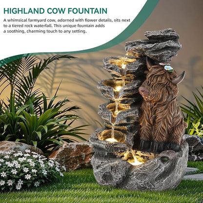 19" Highland Cow Outdoor Fountain with LED Lights | 5-Tier Charming Water Feature , Pastoral Resin Soothing Cascading Waterfall for Patio, Backyard, Garden or Porch
