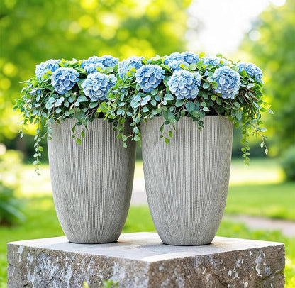 19" Mediterranean Beige Resin Tall Planters with Fluted Texture | Set of 2 resin planters with beige fluted texture, drainage plugs, and UV-resistant finish for porch, patio, or indoors