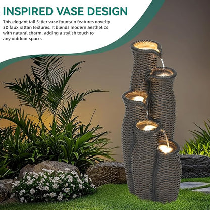 33" H Outdoor Water Fountain with LED Lights, Faux Rattan Vase Water Feature with 5-Tier Cascading Waterfall, Durable Polyresin Decor for Tranquil Oasis in Garden, Patio, Yard
