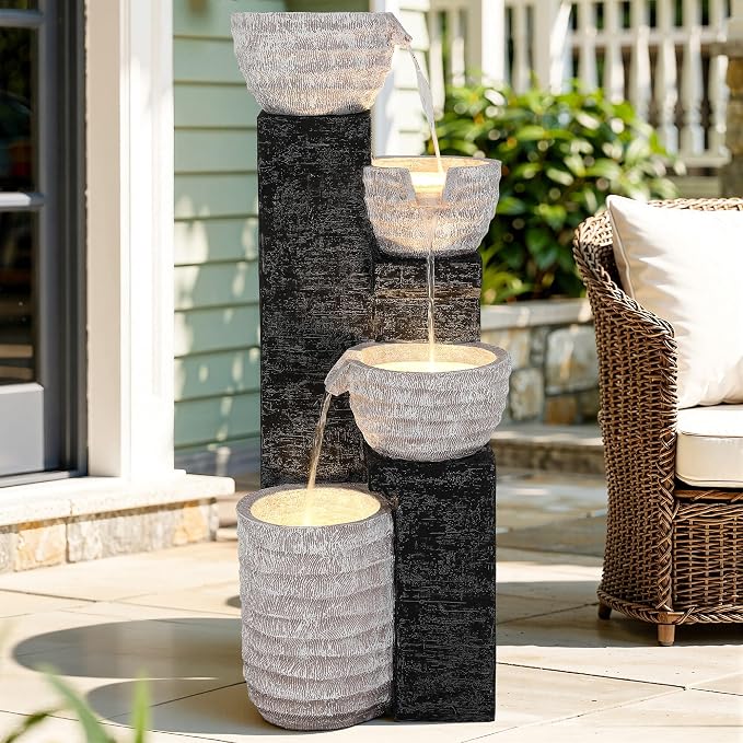 40" H Outdoor Water Fountain with LED Lights & Pump | Sand-Textured Freestanding Garden Fountain, Multilayer Cascading Polyresin Fountain for Tranquil Garden, Patio or Porch