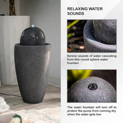 XBrand 25.98" Modern Sphere Water Fountain with LED Light – Indoor Outdoor Stone Texture Floor Fountain, Zen Bubbling Ball Water Feature for Garden Patio Porch - Gray