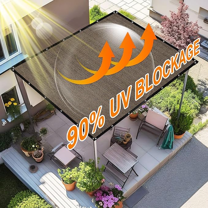 Artpuch 90% Sun Shade Cloth, 12 x 20 FT Pergola Shade Cover Canopy with Grommets, Sun Screen Fabric Tarp for Patio, Outdoor, Garden, Backyard, Mocha