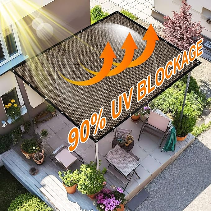 Artpuch 90% Sun Shade Cloth, 12 x 12 FT Pergola Shade Cover Canopy with Grommets, Sun Screen Fabric Tarp for Patio, Outdoor, Garden, Backyard, Mocha