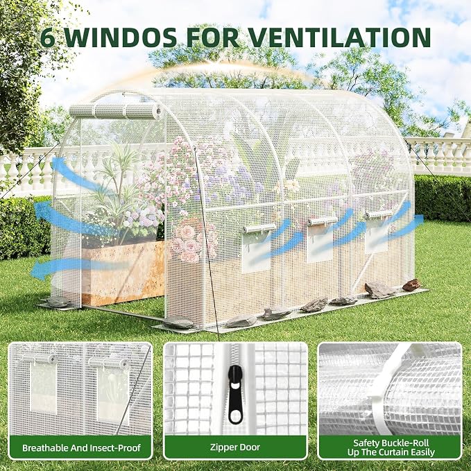Superlele Heavy Duty Walk-in Greenhouse for Outdoor, 10x6.6x6.6FT Large Garden Green House with Reinforced PE Mesh Cover, 6 Roll-up Windows with Screen, 8 Ground Stakes and Ropes, White