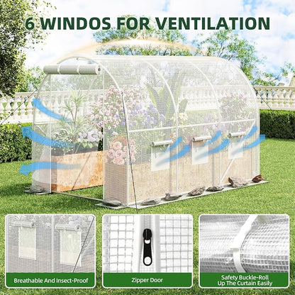 Superlele Heavy Duty Walk-in Greenhouse for Outdoor, 10x6.6x6.6FT Large Garden Green House with Reinforced PE Mesh Cover, 6 Roll-up Windows with Screen, 8 Ground Stakes and Ropes, White