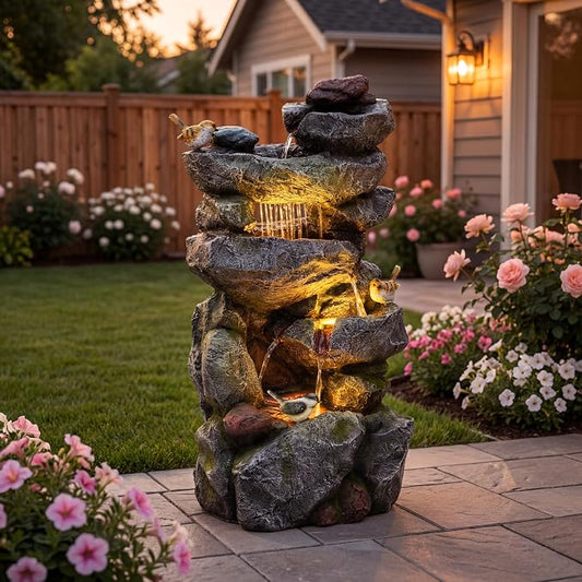 AUTODAYA 31.5" H Multi-Tier Rock Outdoor Fountain with LED Lights&Birds | Unique Water Feature with both Cascading Waterfall and Rainy Look Waterfall for Patio, Backyard, Garden or Porch
