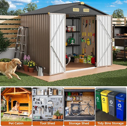 IRONCK 8x6FT Outdoor Storage Shed with Lockable Doors, 7.4x5.3FT Base Galvanized Steel Metal Garden Tool Shed with Breathable Vent for Yard Bins/Generator/Wheelbarrow Storage, Brown