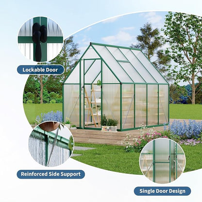 CABIHOME 6x7 FT Outdoor Greenhouse, Polycarbonate Greenhouse with Roof Vent and Ground Nails, Aluminum Large Walk-in Green House w/ Lockable Push Door for Outdoor Garden (Olive, 6x7 FT)