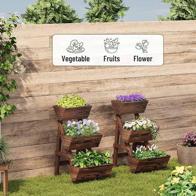 3-Tier Vertical Wooden Raised Garden Bed, Freestanding Garden Planter Box, Wood Flower Rack, Planter Box for Herbs, Vegetables, Outdoor Indoor Use, Small-Carbonized