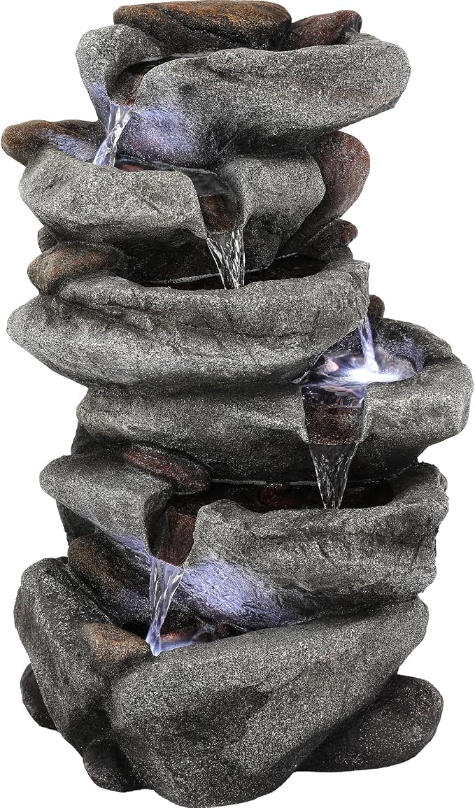 20" H Outdoor Water Fountain with LED Lights, 5-Tier Rock Outdoor Fountain with Pump,Polyresin Cascading Freestanding Waterfall Feature for Tranquil Garden, Patio or Porch