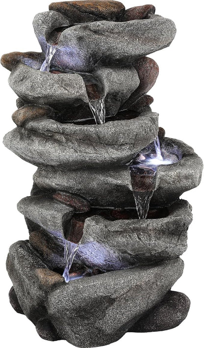 20" H Outdoor Water Fountain with LED Lights, 5-Tier Rock Outdoor Fountain with Pump,Polyresin Cascading Freestanding Waterfall Feature for Tranquil Garden, Patio or Porch
