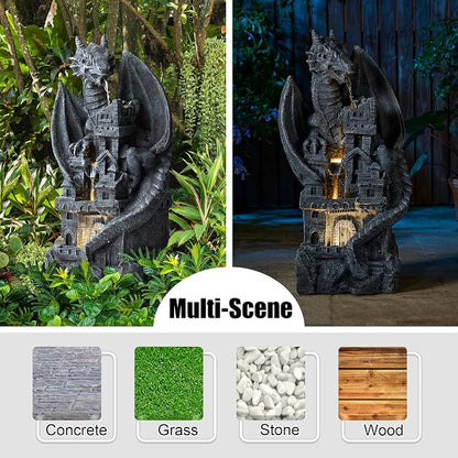 Glitzhome 37"H 4 Tiers Resin Waterfalls Water Fountain, Mystical Gothic Dragon Perched Atop The Castle Sculptural with Pump & LED Light Indoor Outdoor Floor Fountain for Garden Patio Backyard Decking