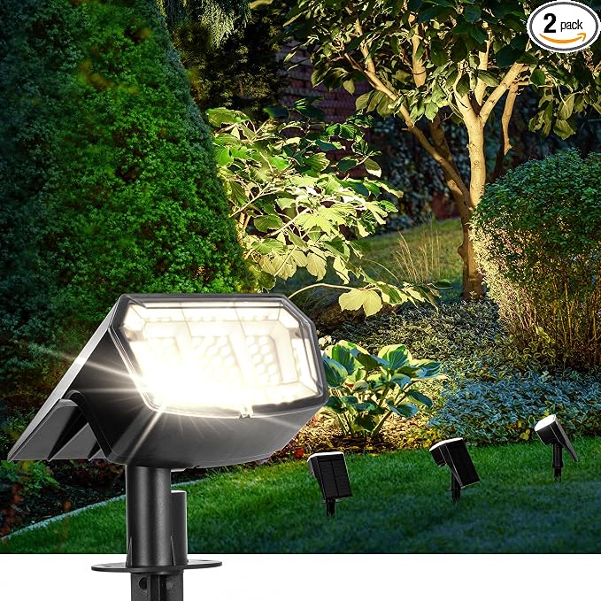 AUDERWIN Solar Spot Lights Outdoor 63 LED 3 Lighting,Waterproof IP65 Modes Spotlights for Outside House Yard Garden Landscape Lights 2 Pack (Natural Light)