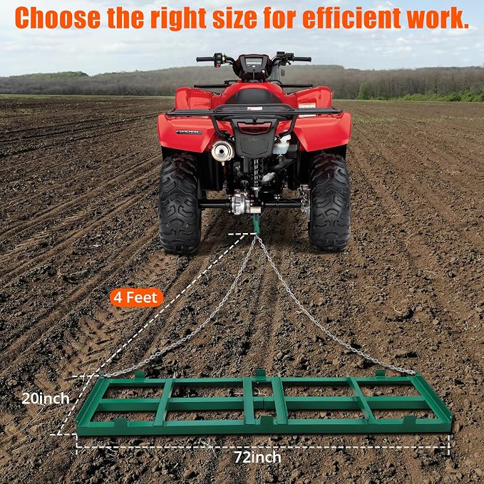 Towallmark 72”Lawn Leveling Rake & Driveway Drag Harrow - Heavy-Duty Tow - Behind Tool with 4FT Reinforced Chain - for ATV, UTV, Tractor, Mower - Gravel, Soil, Yard & Landscape Grading