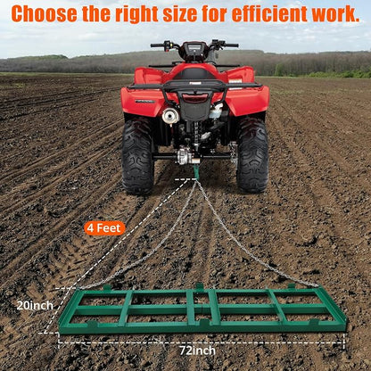 Towallmark 72”Lawn Leveling Rake & Driveway Drag Harrow - Heavy-Duty Tow - Behind Tool with 4FT Reinforced Chain - for ATV, UTV, Tractor, Mower - Gravel, Soil, Yard & Landscape Grading