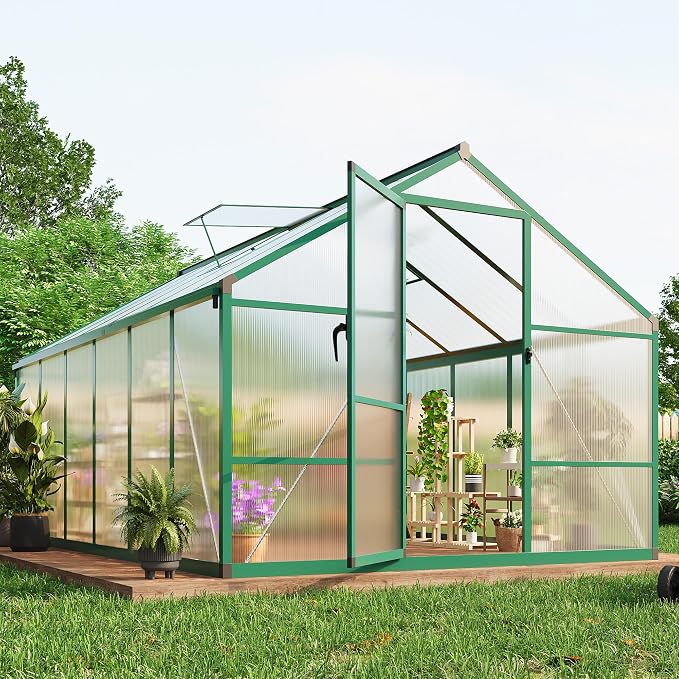 Garvee 8 x 12 FT Greenhouse, Greenhouses for Outside, Polycarbonate Greenhouse with Aluminum Frame, Lockable Door and Ajustable Roof Vent for Backyard, Green Houses for Outside Garden Backyard, Patio