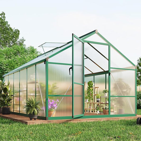 Garvee 8 x 12 FT Greenhouse, Greenhouses for Outside, Polycarbonate Greenhouse with Aluminum Frame, Lockable Door and Ajustable Roof Vent for Backyard, Green Houses for Outside Garden Backyard, Patio