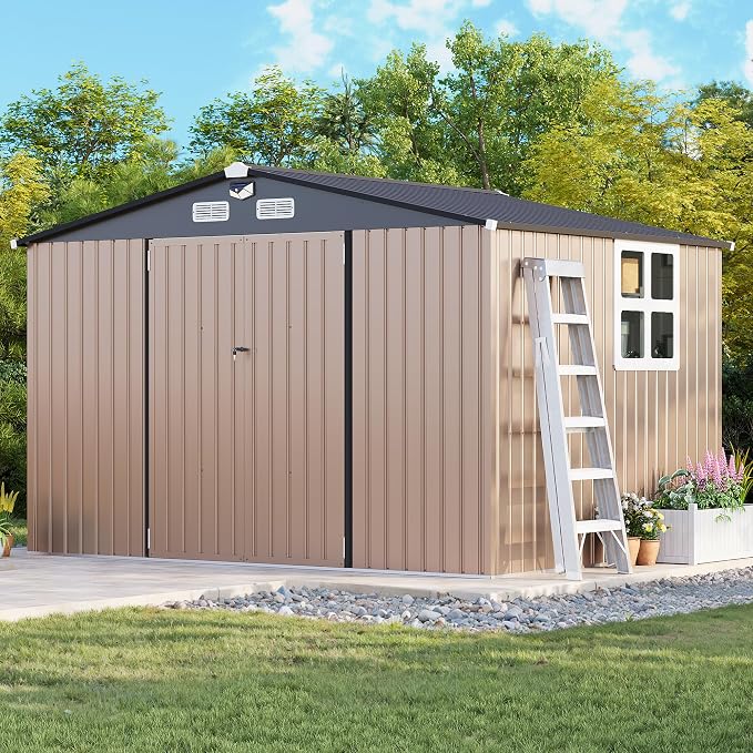 MXV 10 x 8FT Outdoor Storage Shed, Metal Garden Shed with Windows, Double Lockable Doors & Sloped Roof, Magnetic Solar Lamp, Waterproof Tool Sheds for Backyard Garden Patio Lawn, Brown