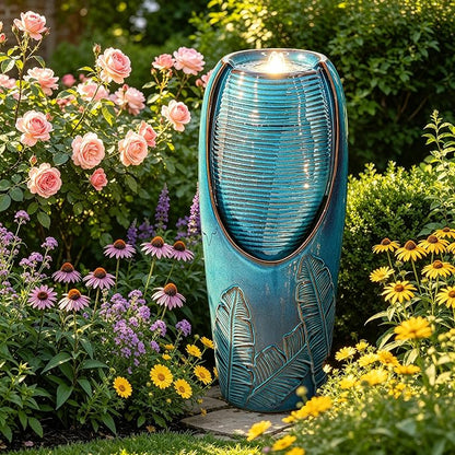 Autodaya 33" H Ceramic Jar Outdoor Water Fountain, Banana Leaf-Texture | Artisan High-Fired Glaze, Warm Ambient LED Lighting, Upgraded Pump, Soothing Cascading Water Feature For Garden Patio Yard