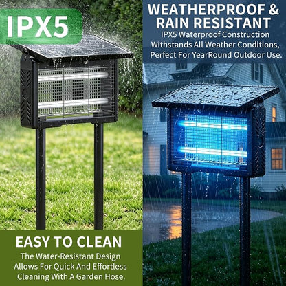 14W Solar Bug Zapper Outdoor | 7500mAh, 365–395nm UV, Dusk-Dawn Sensor, IPX5 Waterproof, 20ft Cord, Indoor & Outdoor for Home, Patio, Garden, Deck, Camping