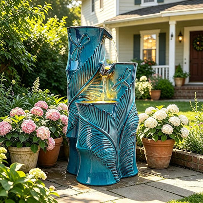 Autodaya Ceramic Outdoor Water Fountain with Lights, Turquoise Bamboo-Style | 3-Tier Cascading Waterfall, Natural Water Feature with Tropical Leaf, Dragonfly Texture, Soothing Oasis for Garden Patio Yard