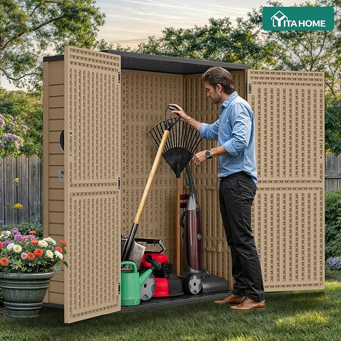 YITAHOME 59 Cuft Outdoor Tall Storage Shed, Waterproof Vertical Resin Shed for Garden, Garage, Patio, Lockable Tool Storage, No Shelves Included, Brown