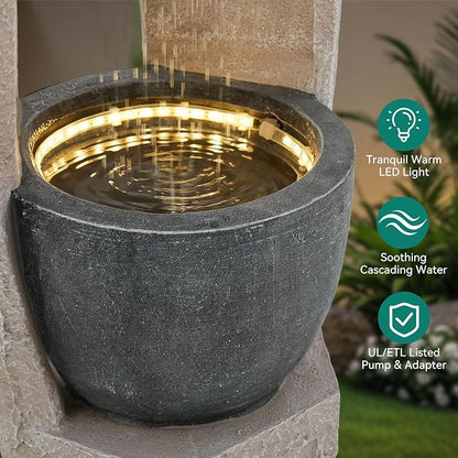32" Modern Geometric Outdoor Fountain with Birdfeeder | Two Bowls Water Feature with LED Lights, Resin Soothing Cascading Waterfall for Patio, Backyard, Garden or Porch