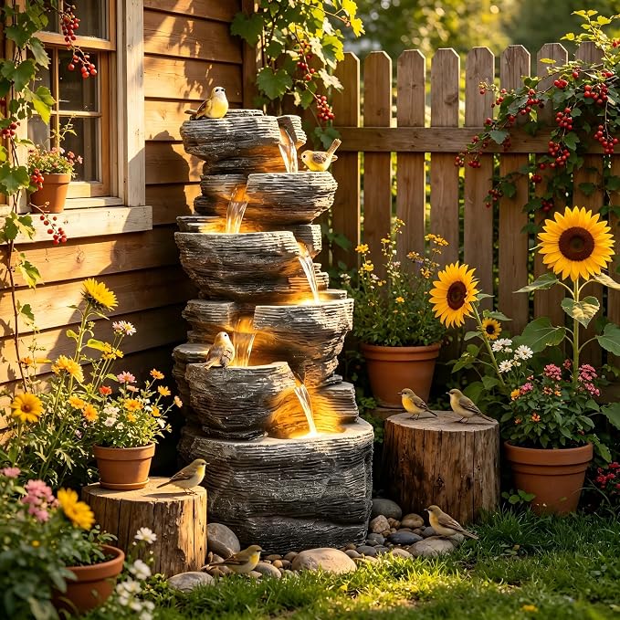 39.4" Stacked Rock Outdoor Fountain LED 6-Tier Bird Waterfall | hand-carved stone with birds, garden patio porch backyard