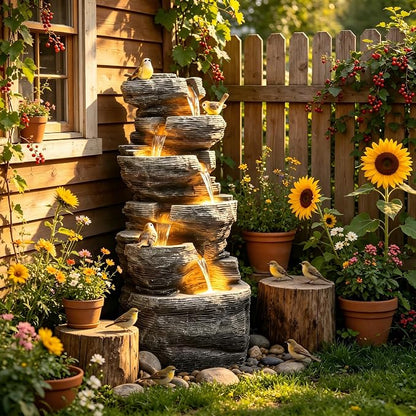 39.4" Stacked Rock Outdoor Fountain LED 6-Tier Bird Waterfall | hand-carved stone with birds, garden patio porch backyard
