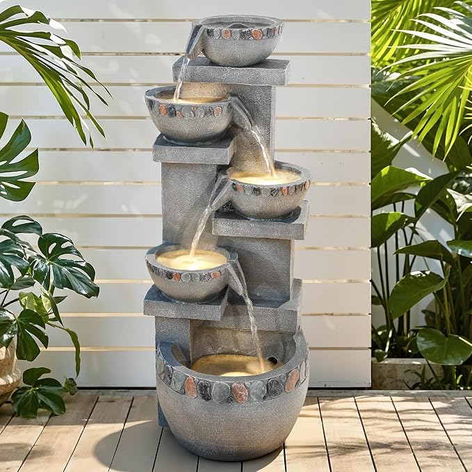 33" H 4-Tier Pebble Textured Fountain Outdoor with Warm LED Lights | Modern Water Feature Outdoor with Soothing Cascading Waterfall for Patio, Backyard, Garden or Porch