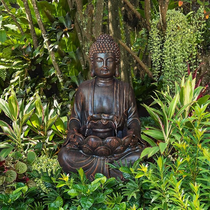 Glitzhome Zen Style Meditating Buddha Statue Fountain Polyresin Outdoor Decoration with Pump and LED Light, 28.25" H