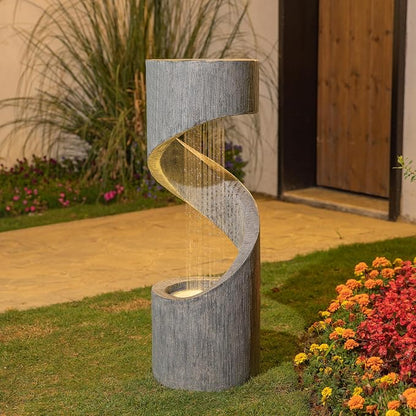 Glitzhome Outdoor Water Fountain with LED Light, Modern Spiral Tiered Outdoor Fountain with Stone Planter, Curved Freestanding Waterfall Fountains for Garden Patio Deck Porch, 40”H